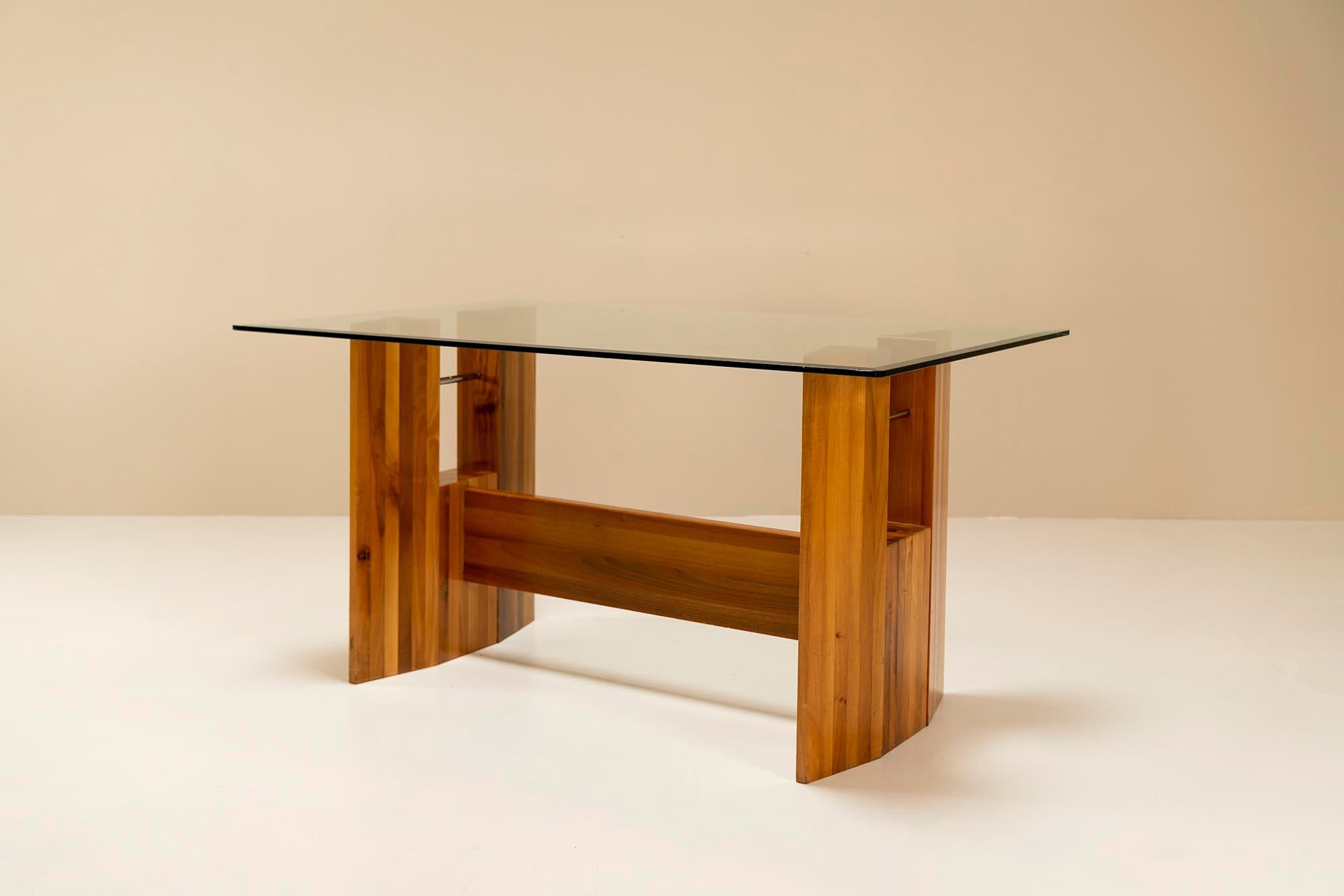 Italian Architectural Table or Desk in Walnut and Glass, Italy 1970s For Sale