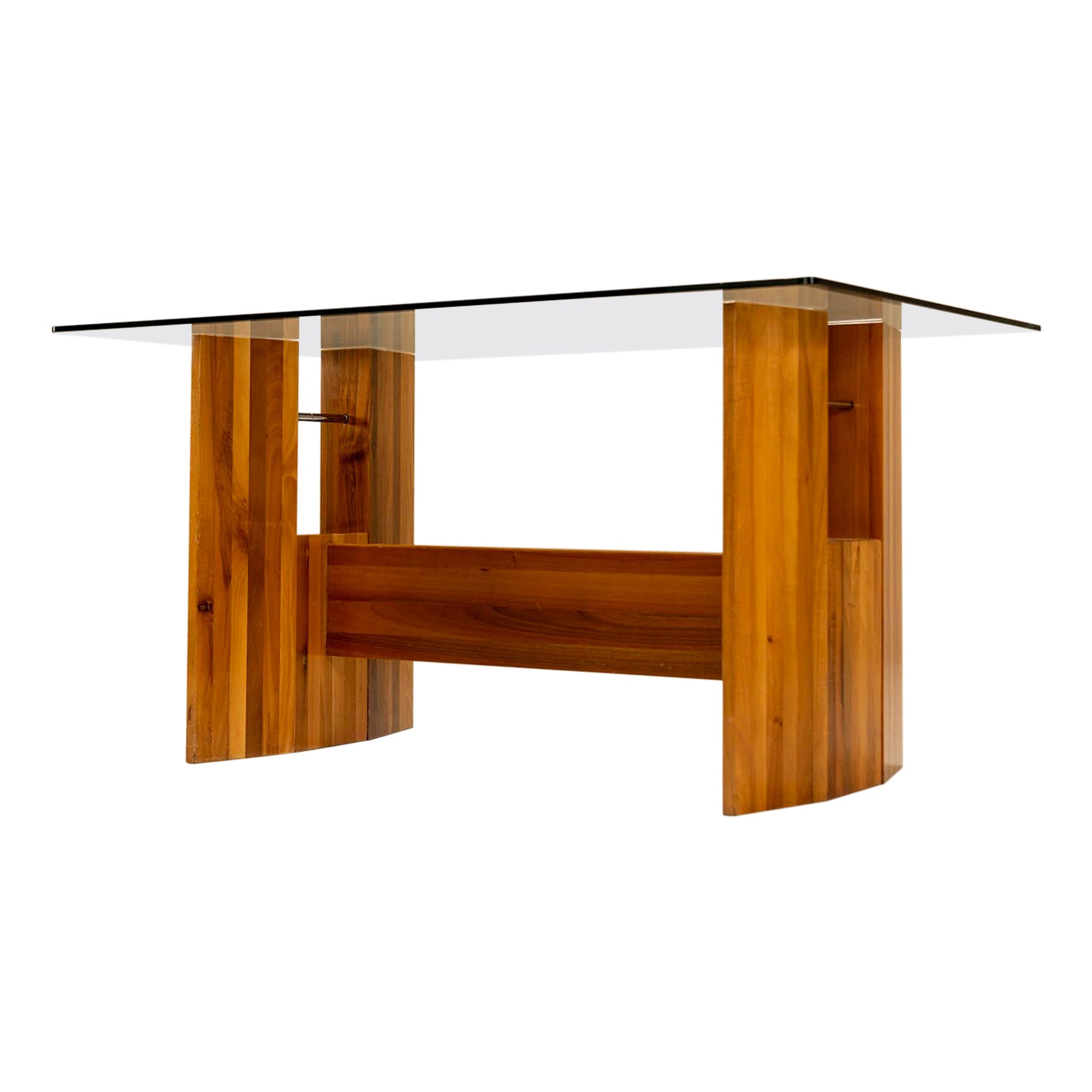 Architectural Table or Desk in Walnut and Glass, Italy 1970s