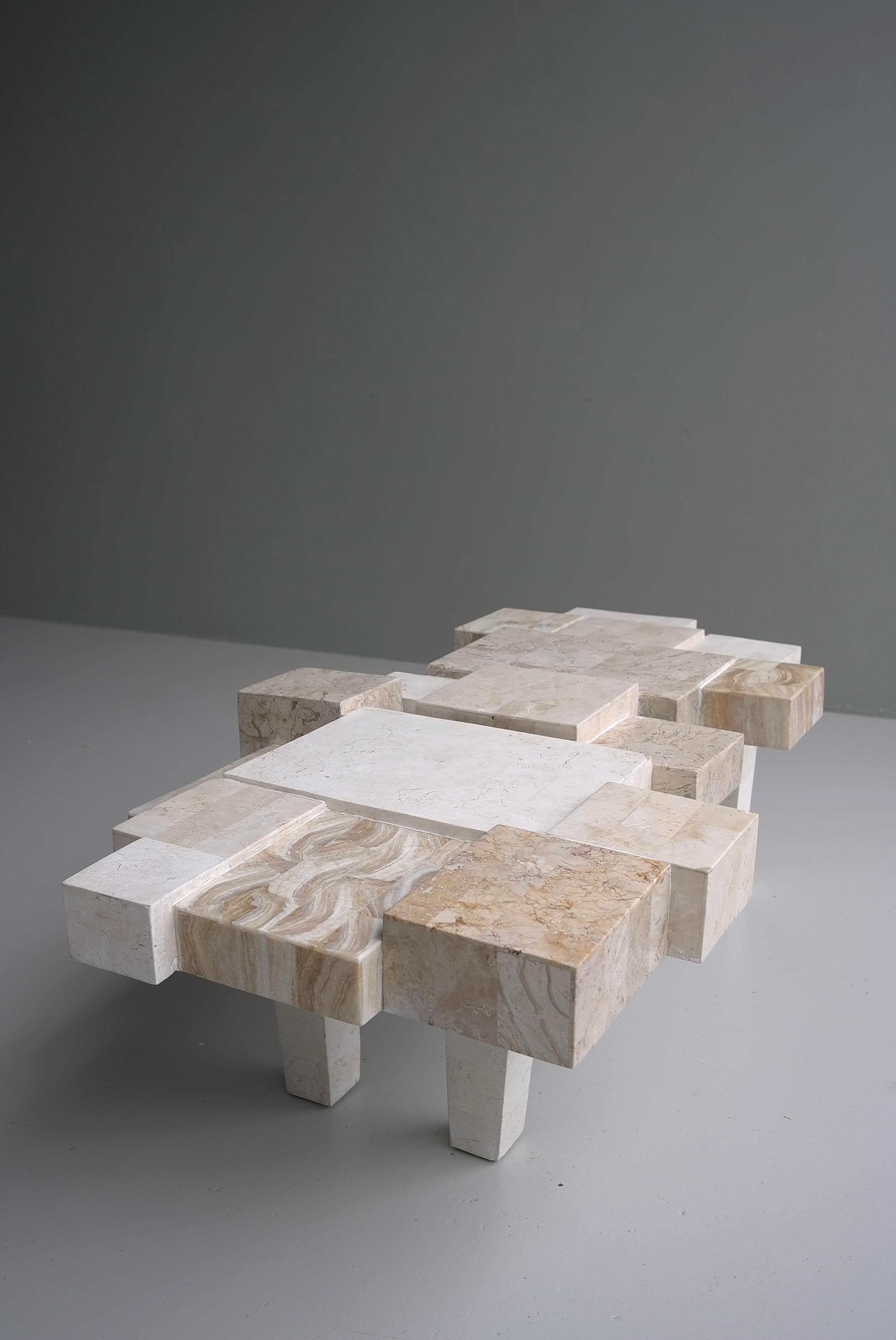 Mid-Century Modern Architectural Travertin and White Stone Art Coffee table, Belgium, 1970's For Sale