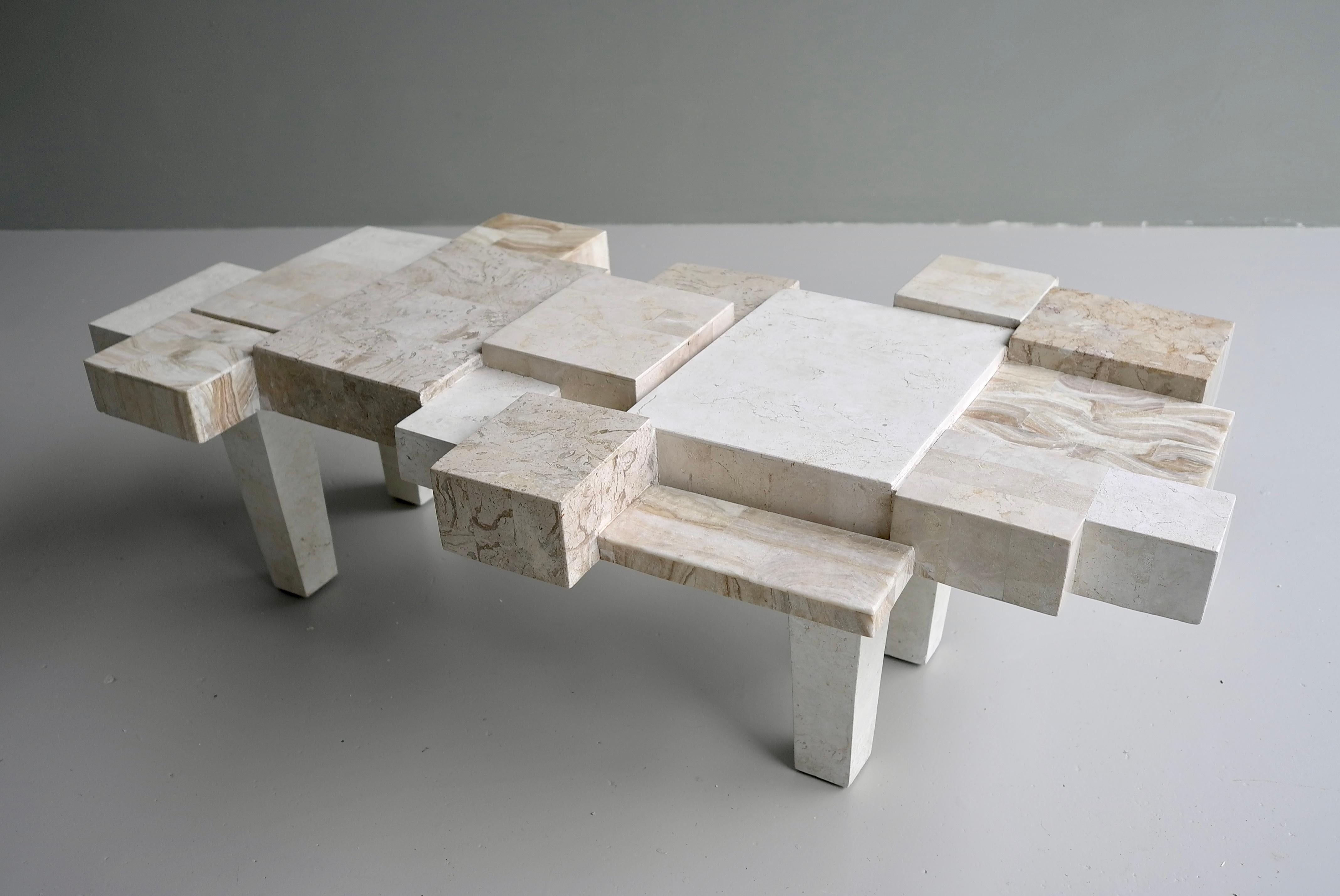 Architectural Travertine and white stone Art coffee table, Belgium 1970's

The different levels and asymmetry makes this table a lively composition. Made from various types of Travertine and stone. 

