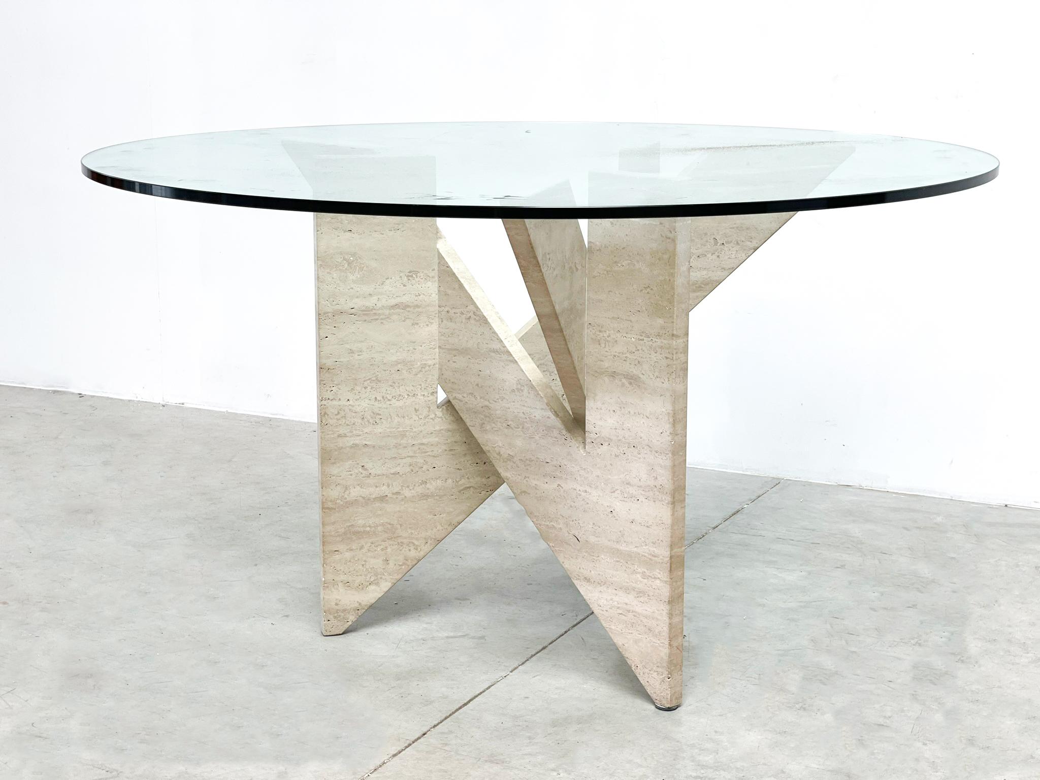 Glass Architectural Travertine Dining Table, 1970s For Sale