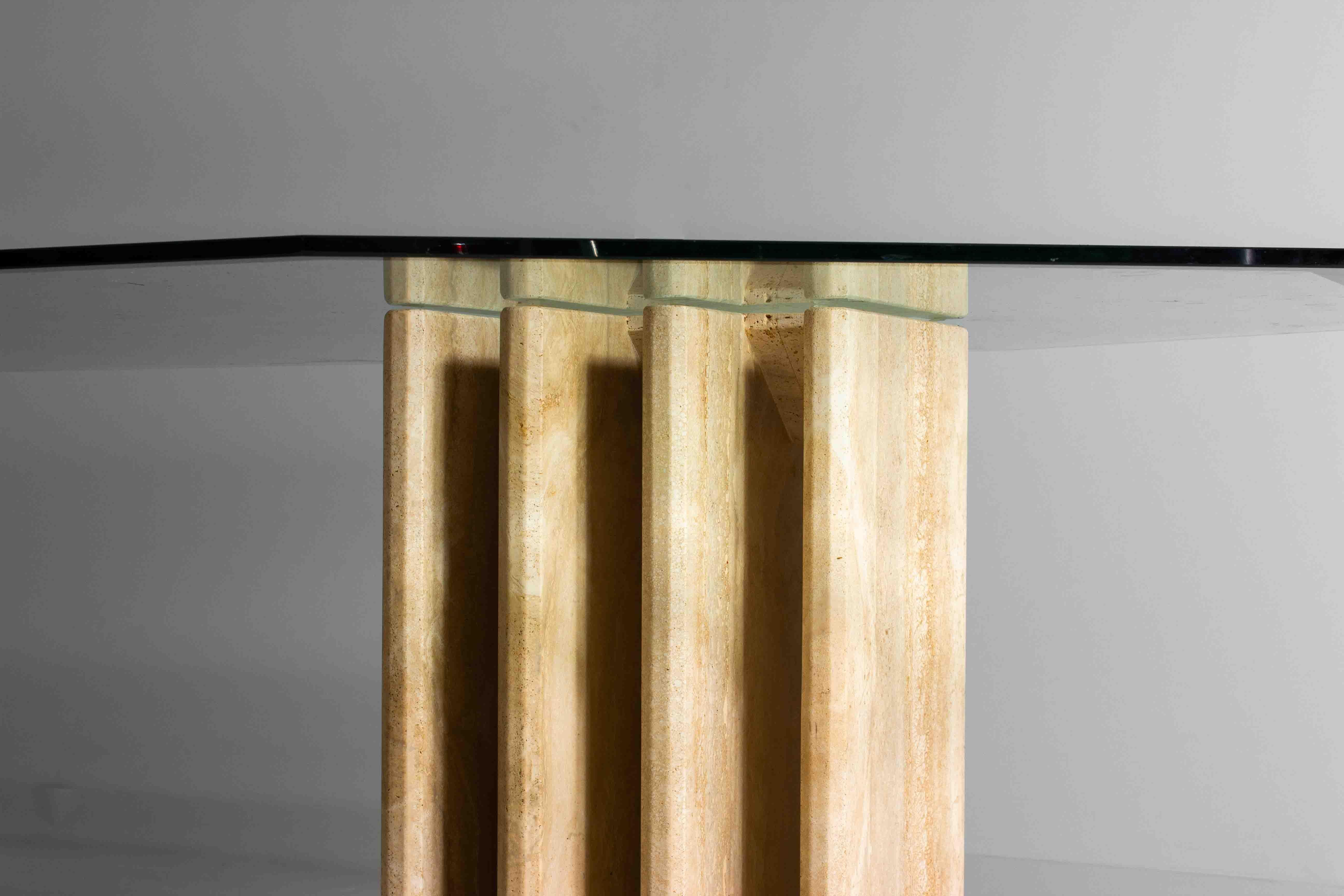 Architectural travertine dining table with glass top, Italy 1970s For Sale 4