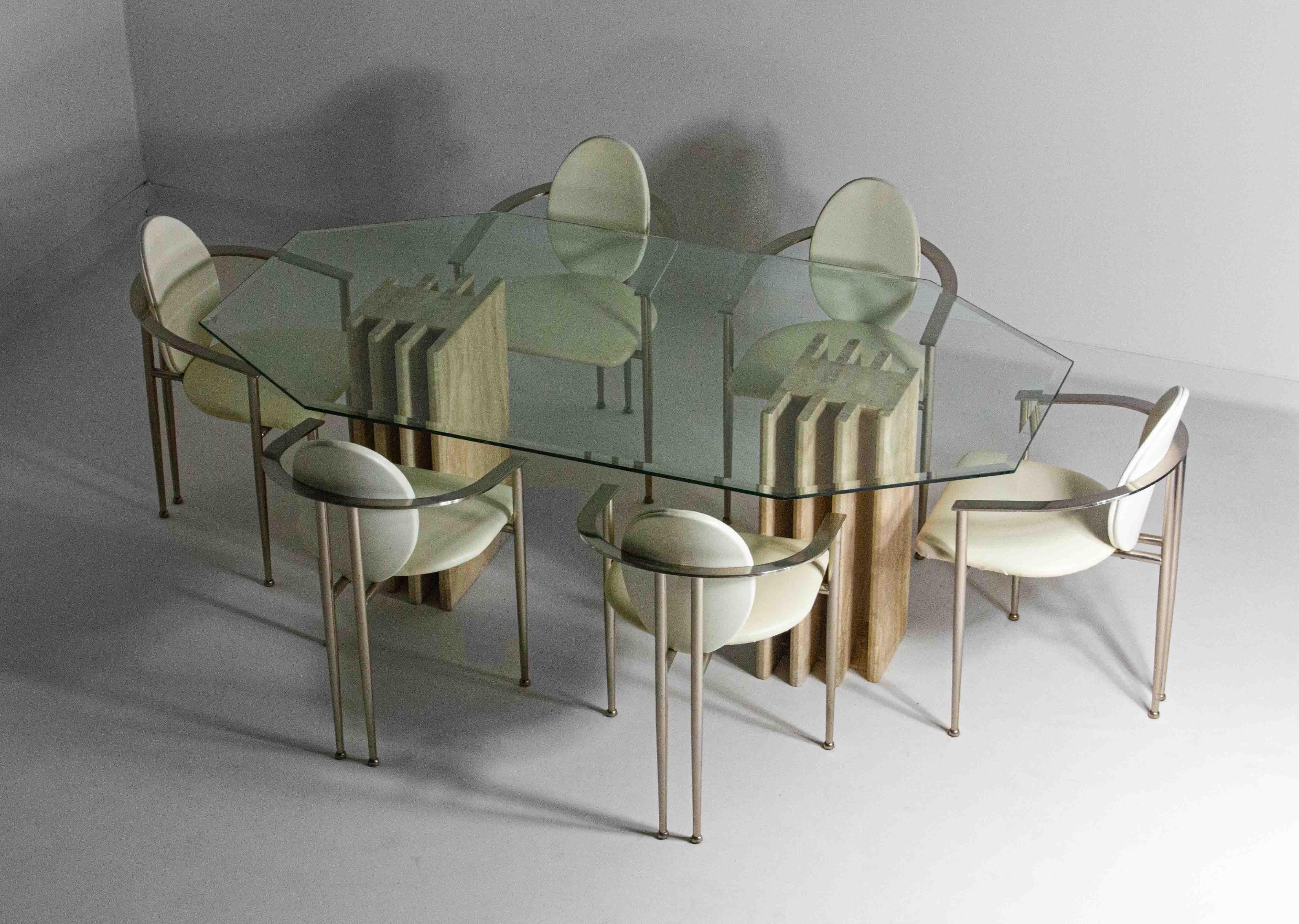 Architektonischer Esstisch aus Travertin mit Glasplatte, Italien 1970er Jahre im Angebot 6