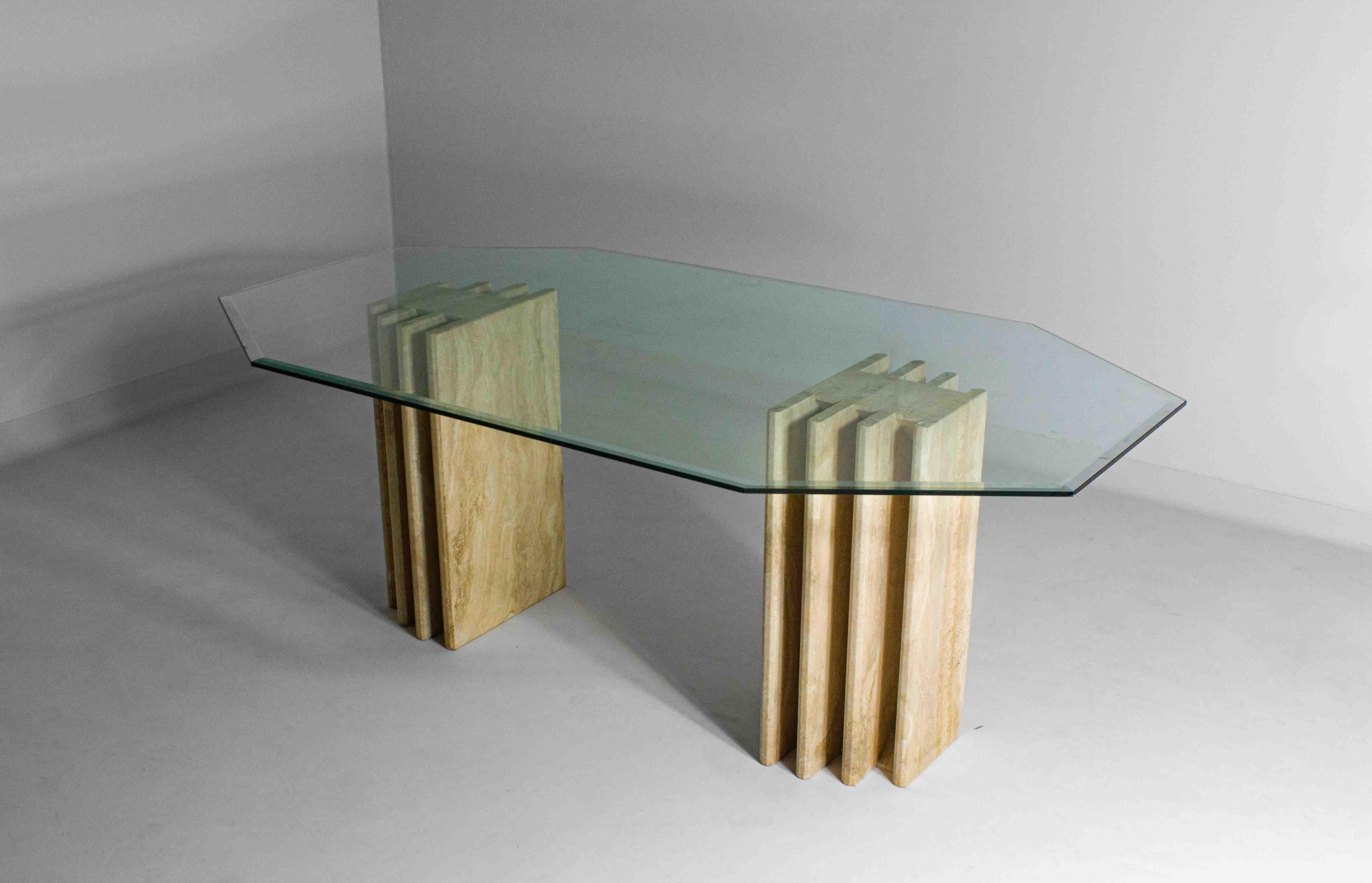 Italian Architectural travertine dining table with glass top, Italy 1970s For Sale