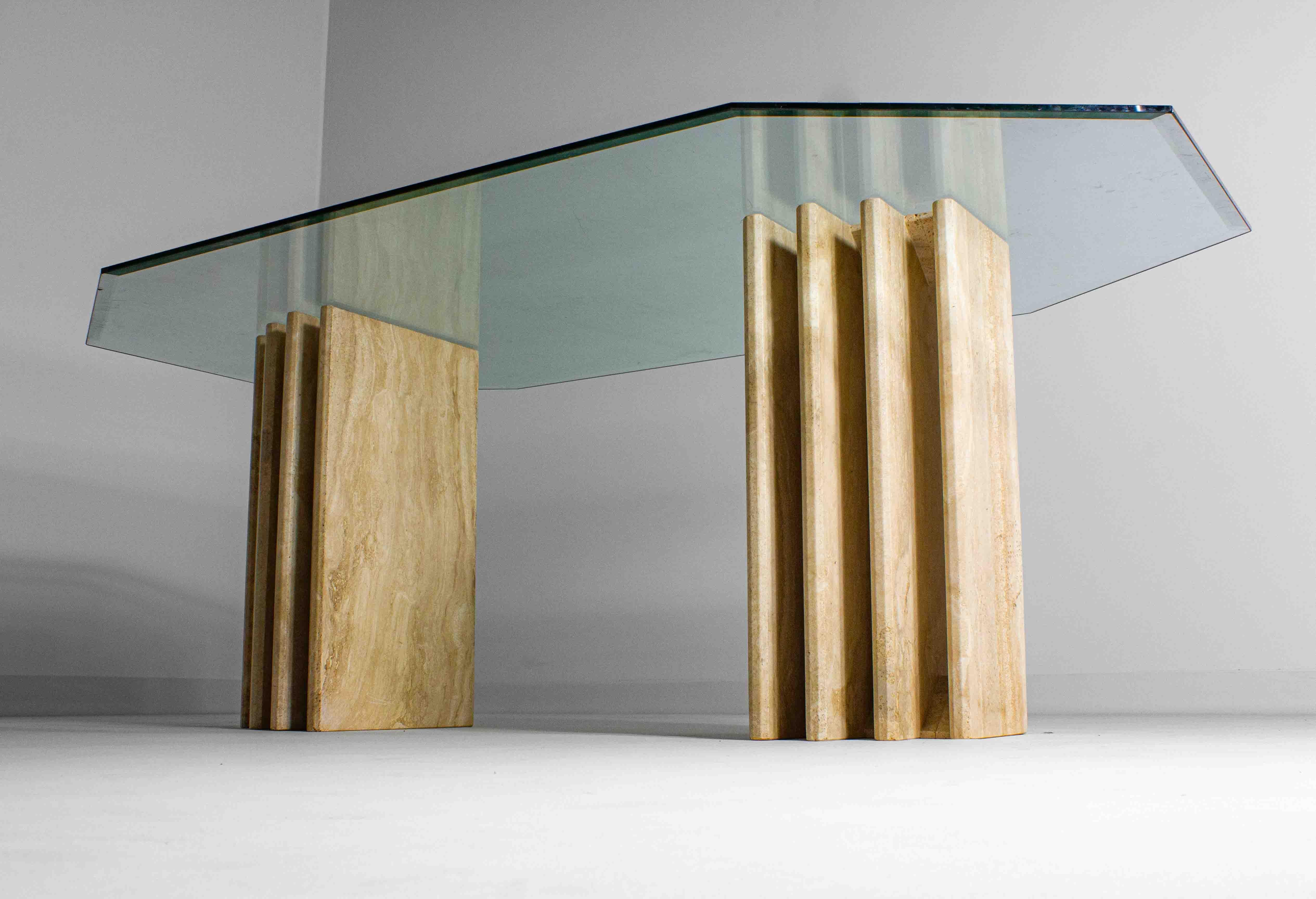 Glass Architectural travertine dining table with glass top, Italy 1970s For Sale