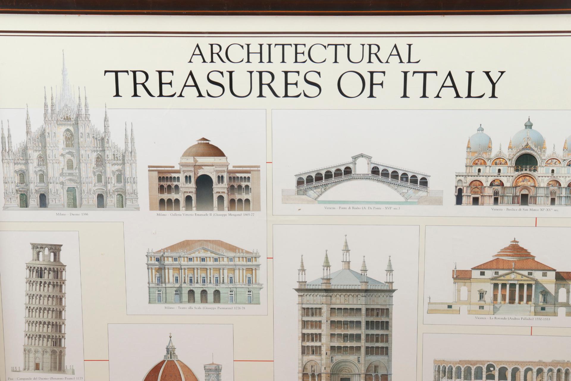 A framed poster titled “Architectural Treasures of Italy” copyright 1995. Illustrations by Libero Patrignani and published by Nuova Arti Grafichi Ricordi S.r.l. of Italy. Depicts 24 famous buildings in Italy. Maker's mark along the bottom reads