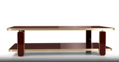 Architectural Two-Tier Coffee Table in Oxblood Lacquer with Polished Brass Frame