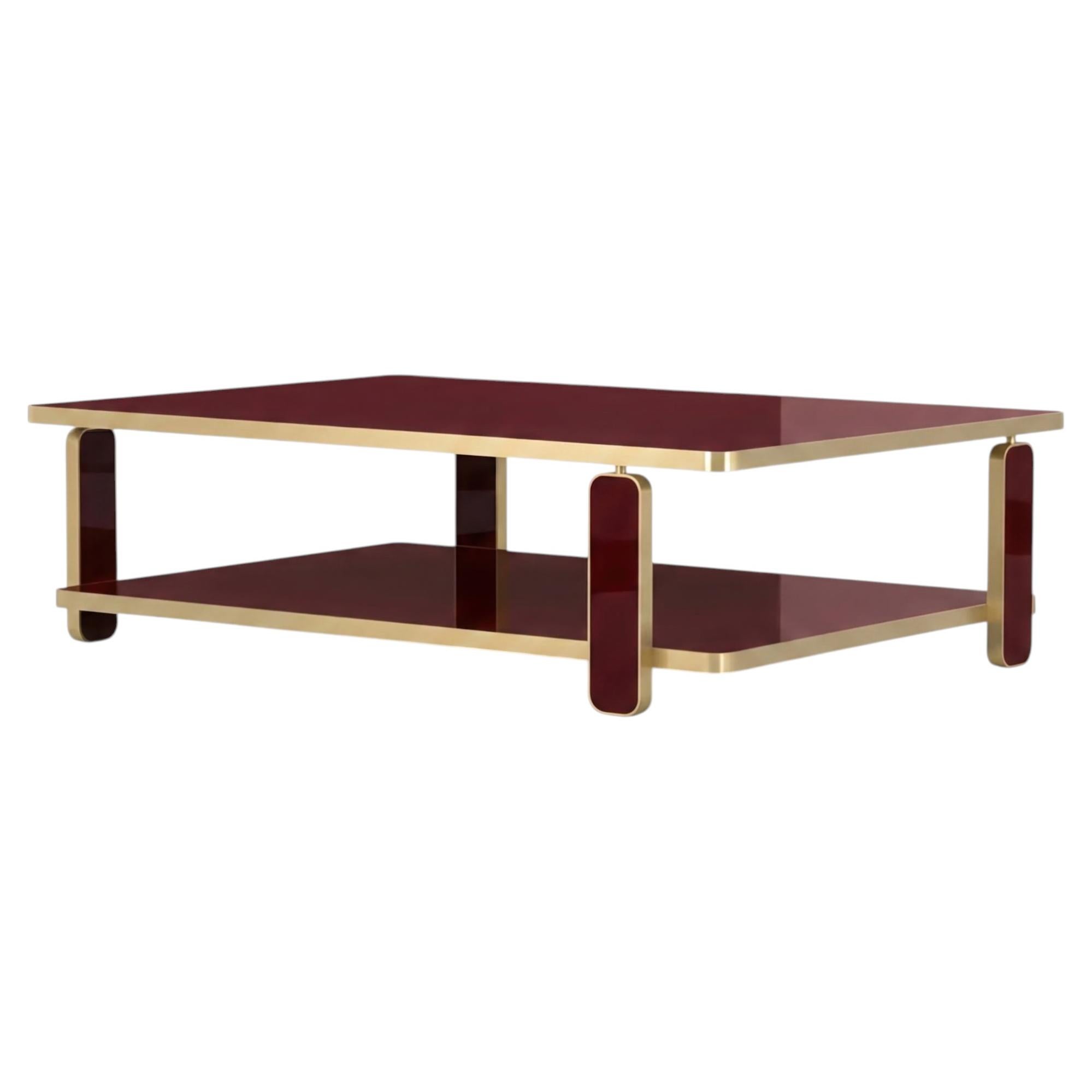 Architectural Two-Tier Coffee Table in Oxblood Lacquer with Polished Brass Frame