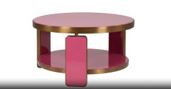 Architectural Two-Tier Round Coffee Table in Deep Pink Lacquer & Brushed Brass