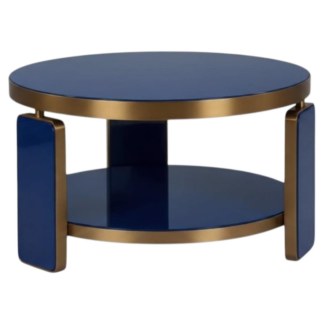 Table basse ronde à deux niveaux Architectural en laque bleu marine et laiton brossé