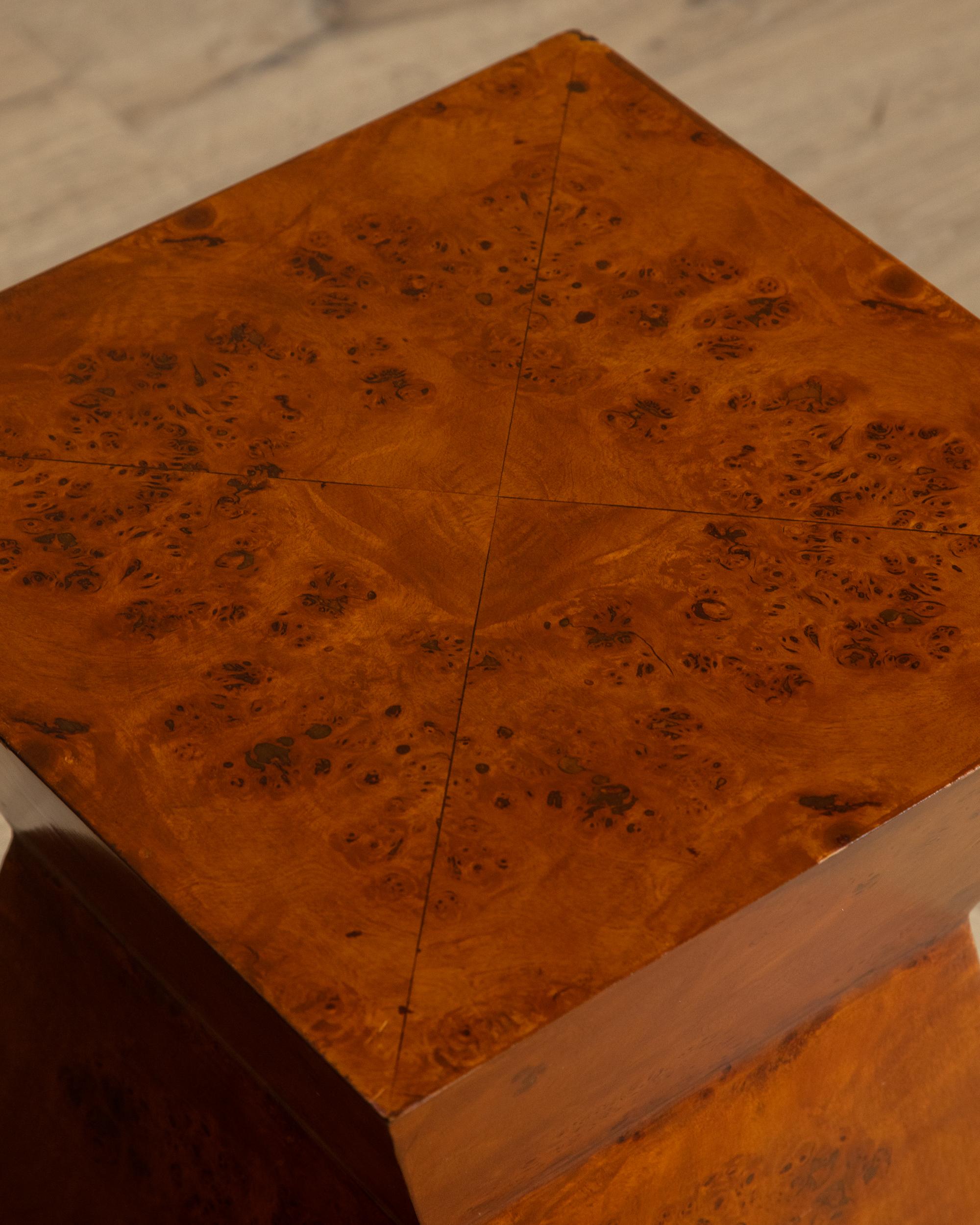 Architectural Walnut Burl Side Table, Europe, 1960's For Sale 1
