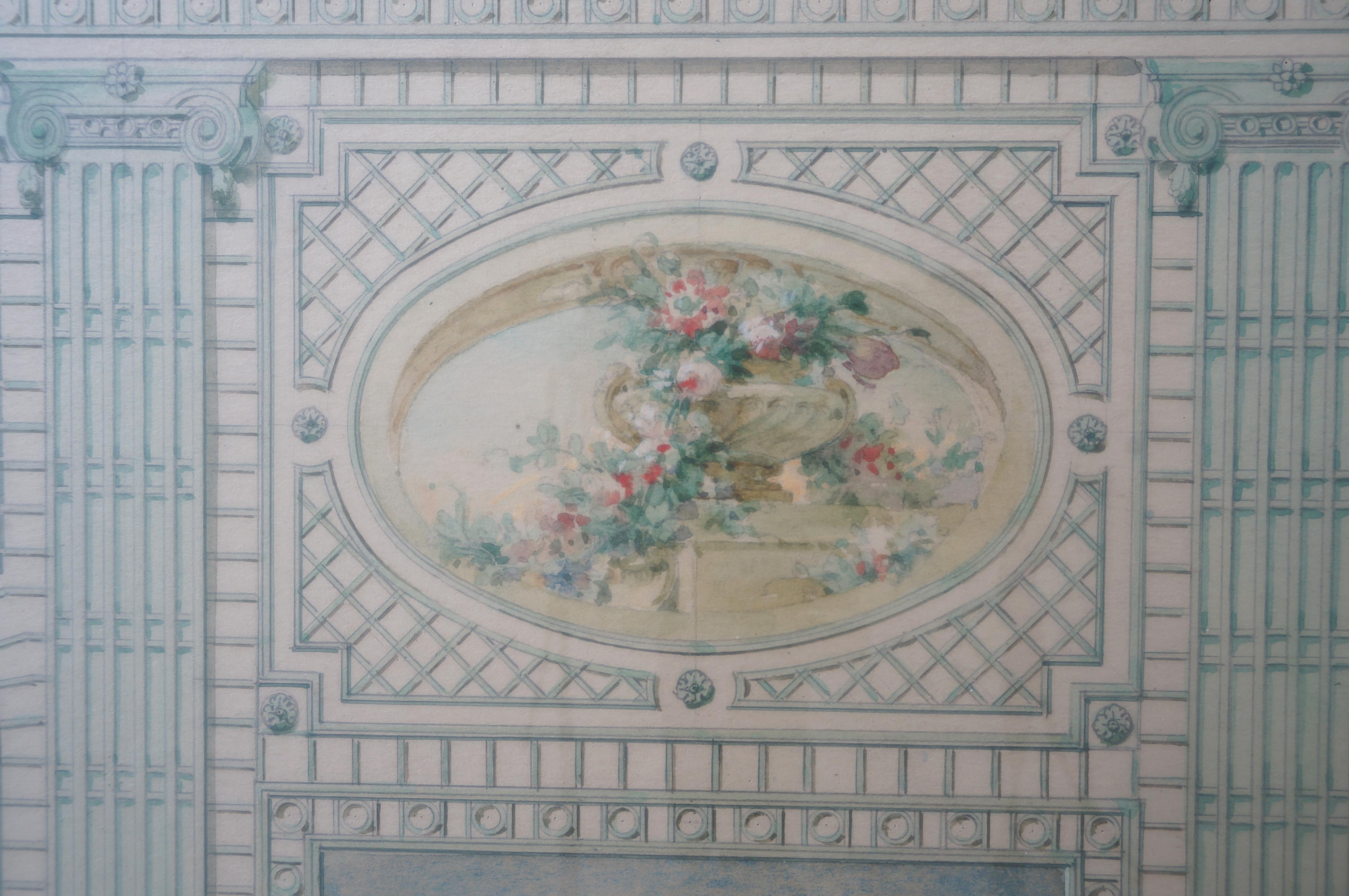 Louis XVI Architectural Watercolor Renderings of a Trellised Wall Elevation