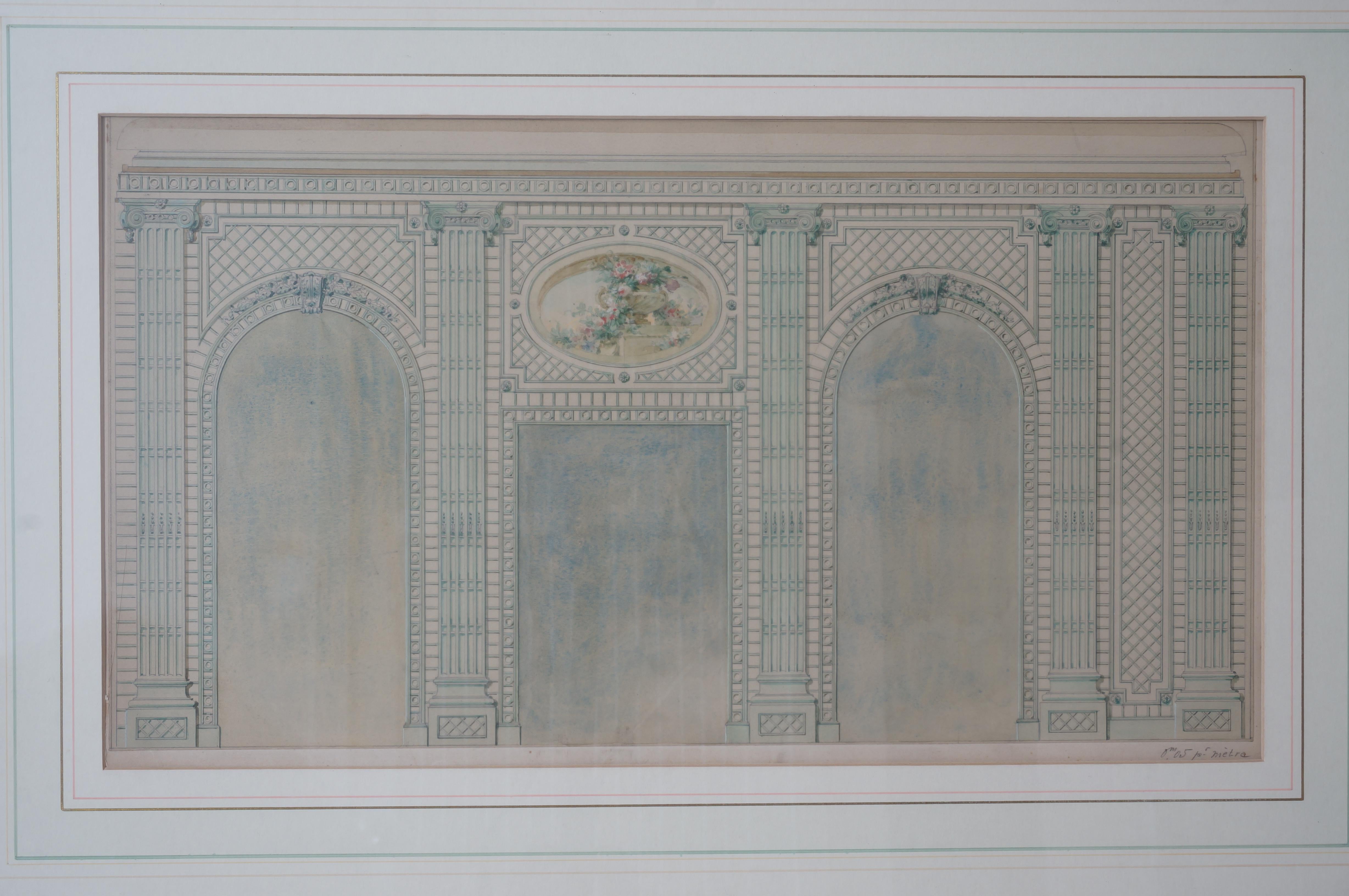 Spanish Architectural Watercolor Renderings of a Trellised Wall Elevation