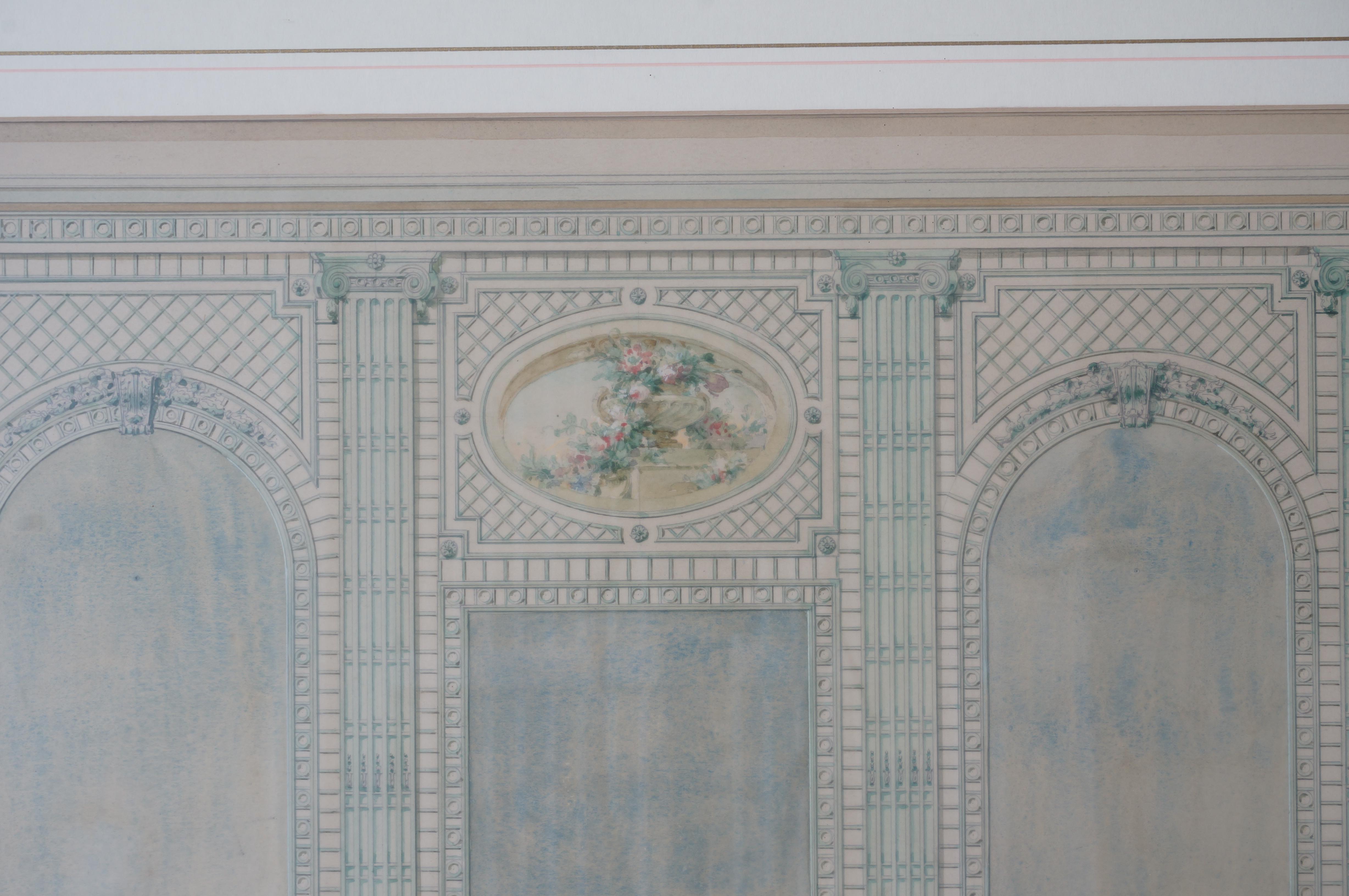 Glass Architectural Watercolor Renderings of a Trellised Wall Elevation