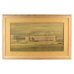 Architectural Watercolour Drawing of British Offices by Gibb 1948 Framed