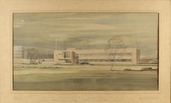 Architectural Watercolour Drawing of British Offices by Gibb 1948 Framed