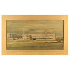 Architectural Watercolour Drawing of British Offices by Gibb 1948 Framed