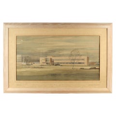 Architectural Watercolour Drawing of British Offices by Gibb 1948 Framed