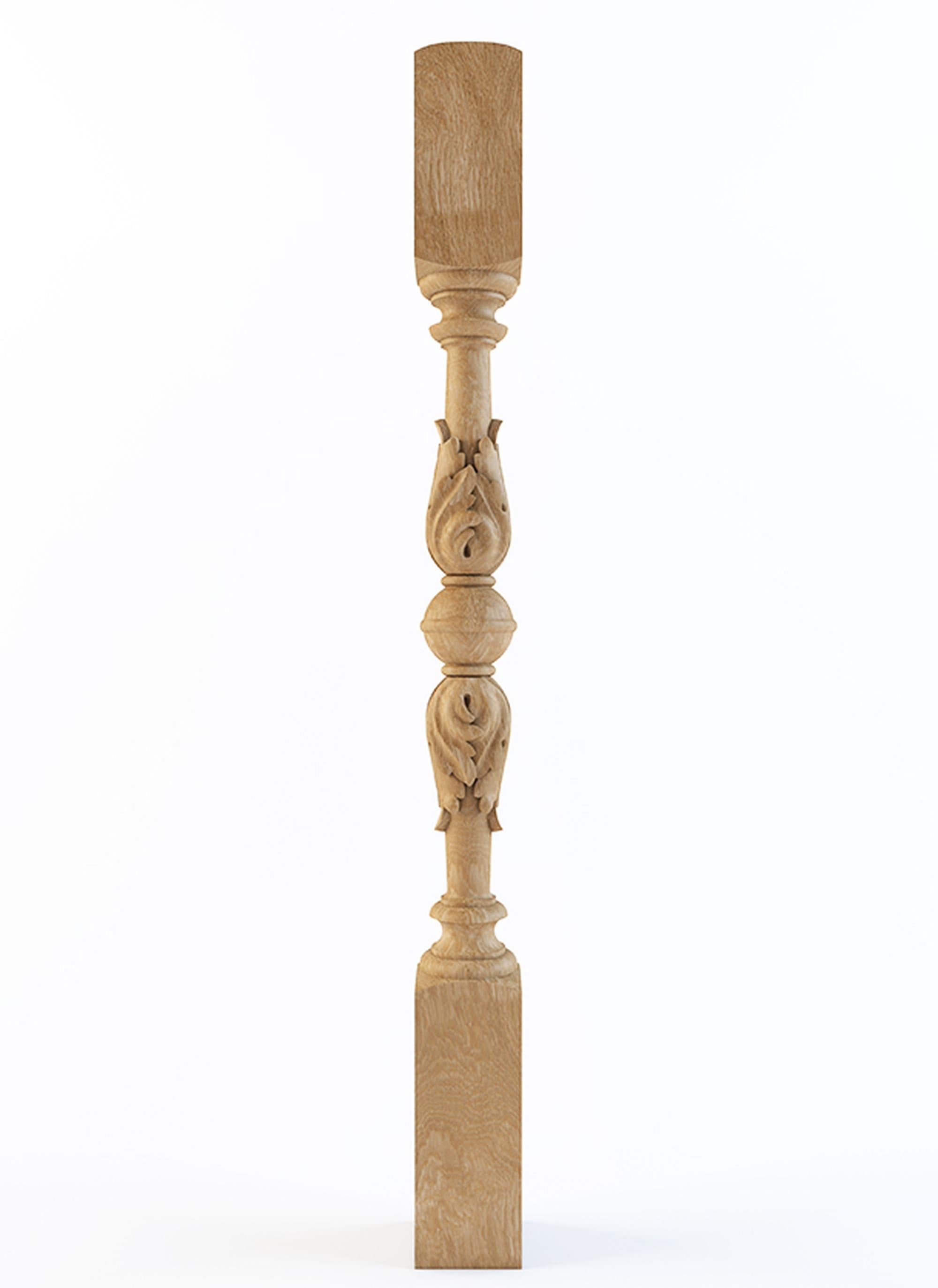 Contemporary Architectural Wood Newel Post with acanthus leaves and ball For Sale