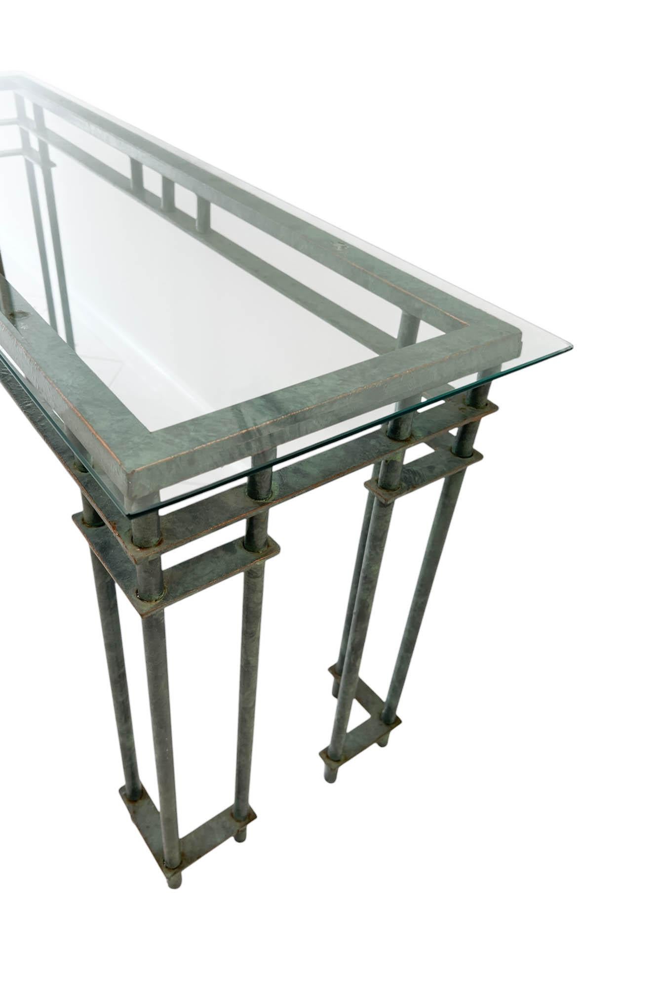 Fin du 20e siècle Table console architecturale en fer forgé avec verre biseauté en vente