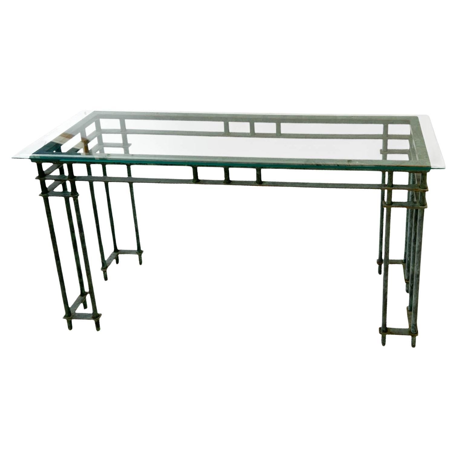 Table console architecturale en fer forgé avec verre biseauté en vente
