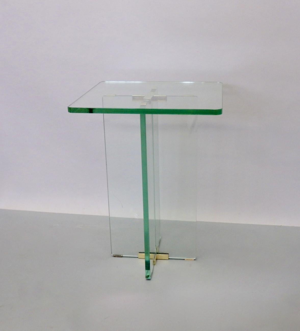 Brass Architecturally Styled Green Edge Glass Side Table Attributed to Fontana Arte