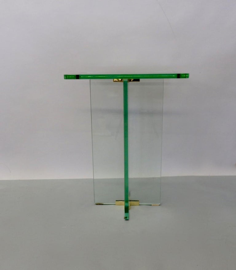 Brass Architecturally Styled Green Edge Glass Side Table Attributed to Fontana Arte For Sale