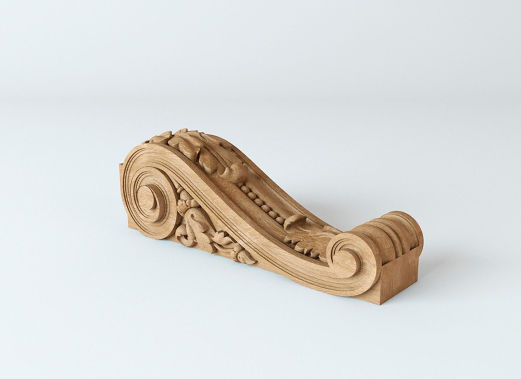Woodwork Baroque Carved Wood Corbel with Beads and Acanthus, Ornate Oak Bracket For Sale