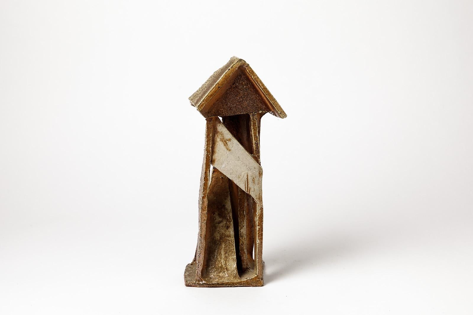 Late 20th Century Architecural Stoneware Brown Ceramic House Form by Laroussinie La Borne 1980