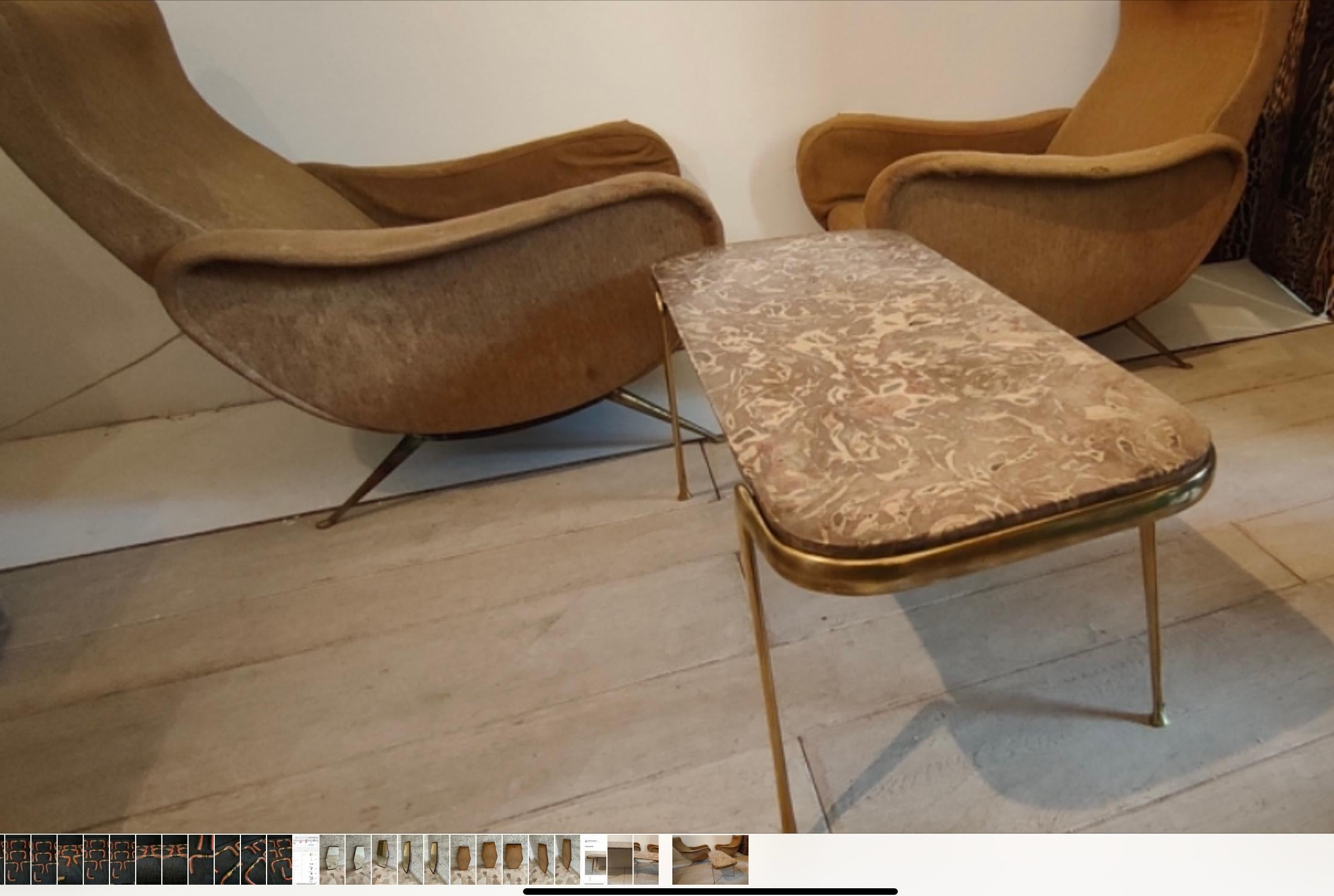 Mid-20th Century Architet Cesare Lacca, 1950, Coffe Table, Cast Brass Structure and Marble Top For Sale