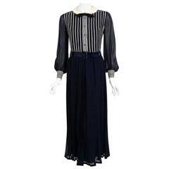 Archival 1970s Jacques Reval Paris Navy Chiffon Sequin-Stripe Pleated Maxi Dress