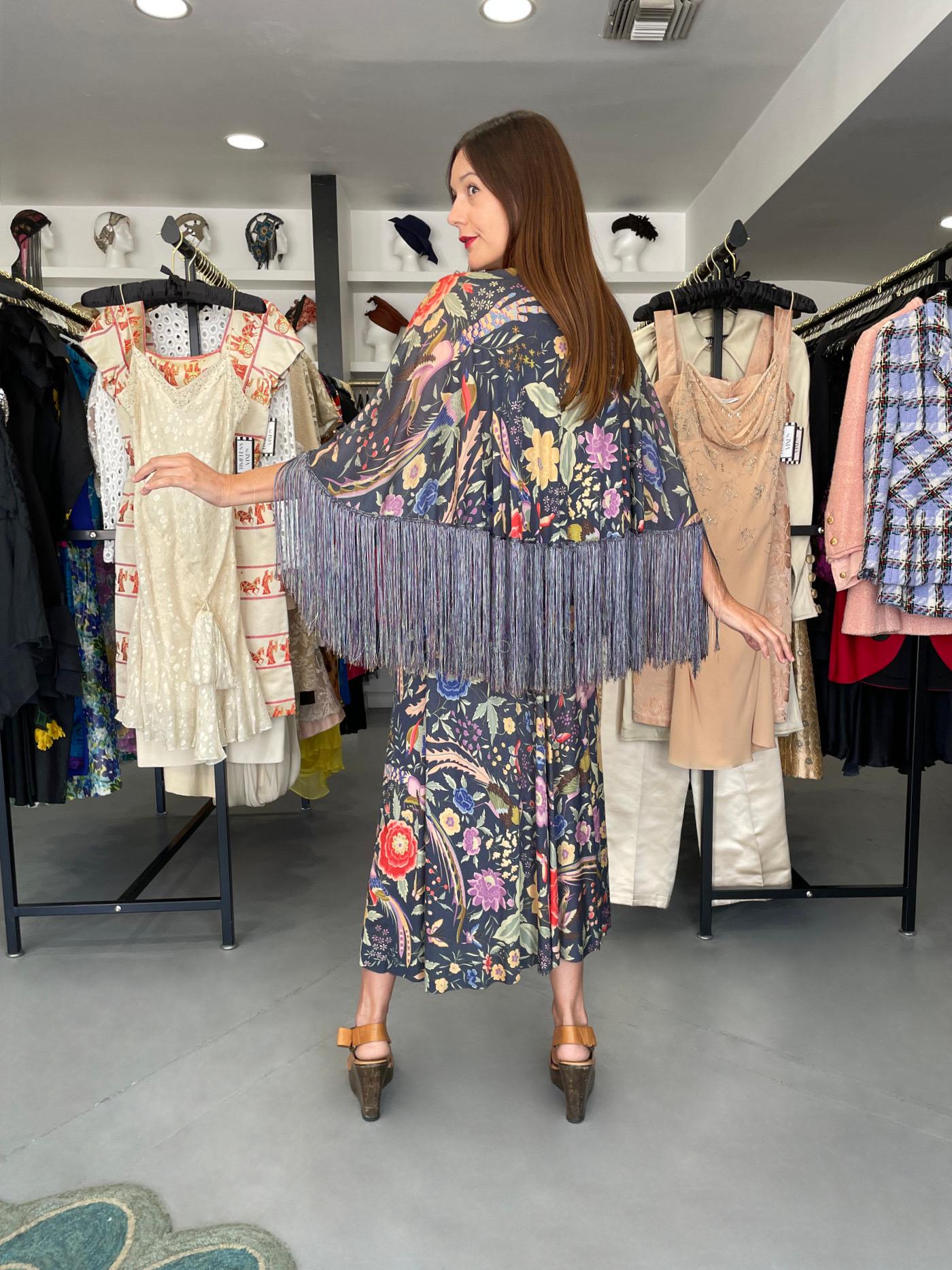 Archival 1971 Missoni Couture Floral Bird Print Silk-Jersey Fringe Crop Top Set 14