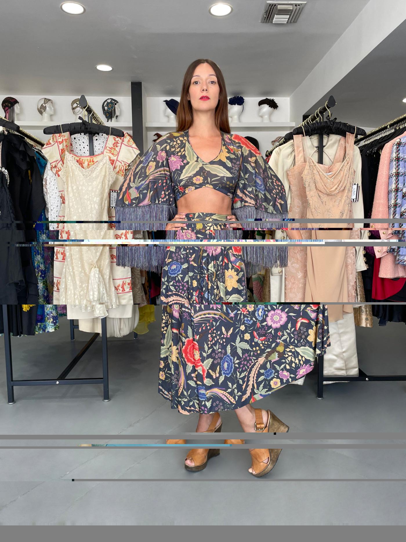 Breathtaking and highly coveted Missoni Couture documented iconic navy blue floral bird garden print two-piece ensemble from their 1971 collection. Such a rare and gorgeous color! Redefining an entire genre of fashion, the 1970's were seen as