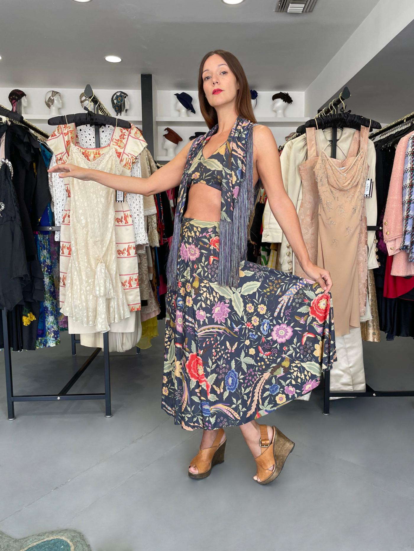 Gray Archival 1971 Missoni Couture Floral Bird Print Silk-Jersey Fringe Crop Top Set