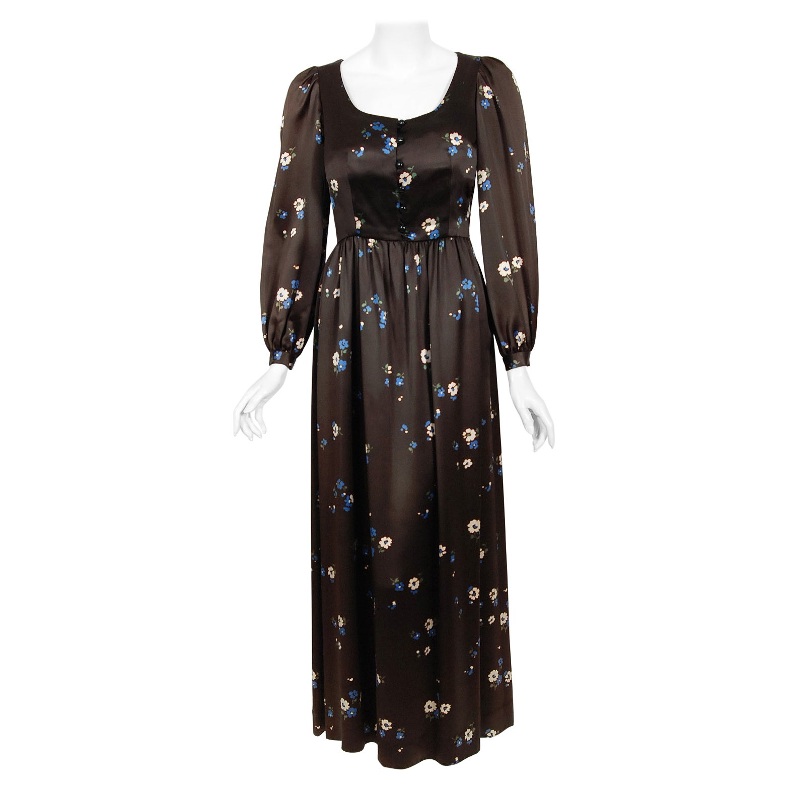 Archival 1974 Yves Saint Laurent Documented Brown Floral Print Satin Maxi Dress For Sale