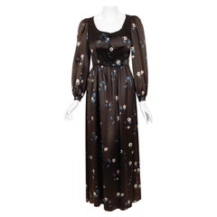Archival 1974 Yves Saint Laurent Documented Brown Floral Print Satin Maxi Dress