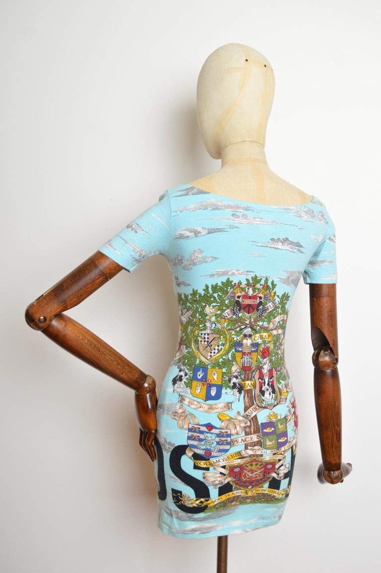Archival 1990s Moschino Cloud Print Jersey Colourful Baby Blue micro mini dress at 1stDibs