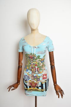 Archival 1990s Moschino Cloud Print Jersey Colourful Baby Blue micro mini dress