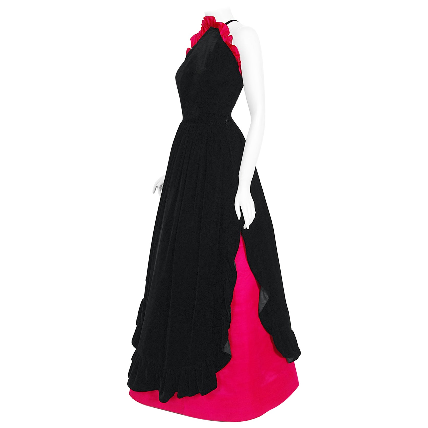 Archival Chanel Haute Couture Black Velvet and Shocking Pink Silk Halter Gown For Sale