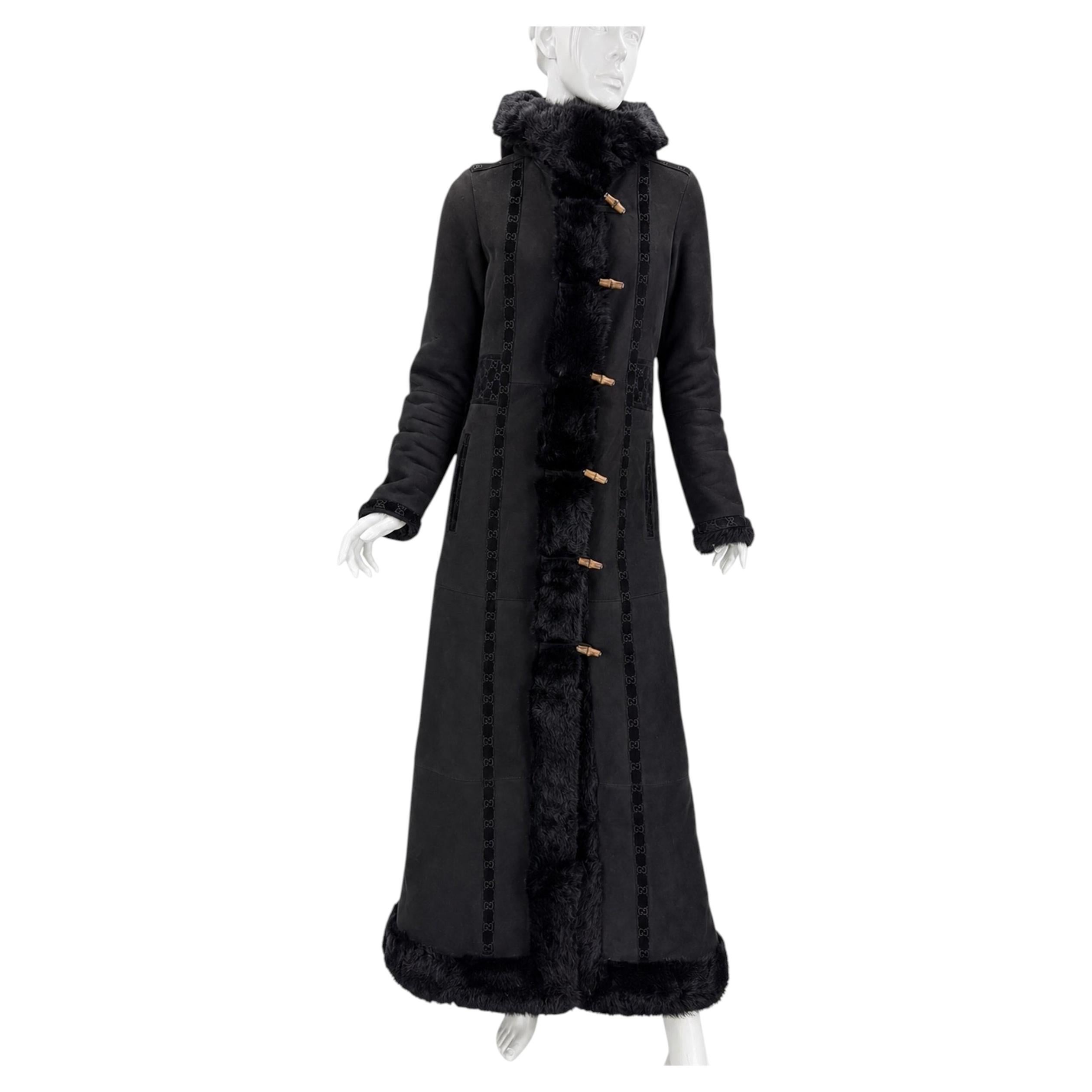 Archival FW 1997 Gucci x Tom Ford Maxi Shearling Hooded Monogram Coat Italian 40