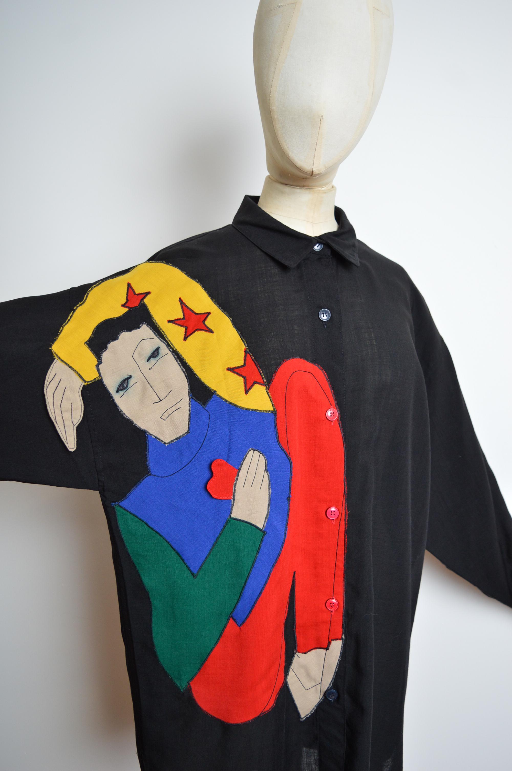 Archival JEAN CHARLES DE CASTELBAJAC Ko & Co Handmade Appliqué Black linen Shirt In Fair Condition For Sale In Sheffield, GB