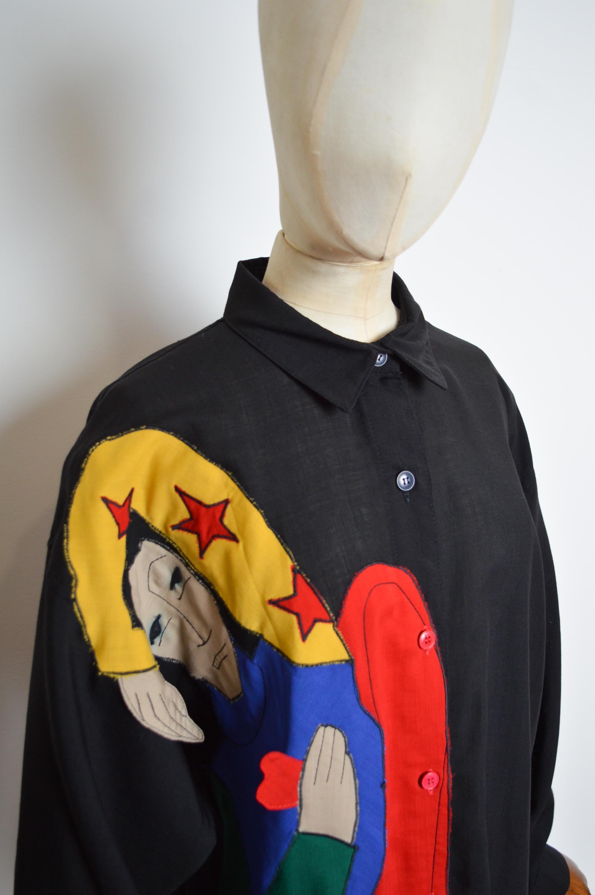 Archival JEAN CHARLES DE CASTELBAJAC Ko & Co Handmade Appliqué Black linen Shirt For Sale 3