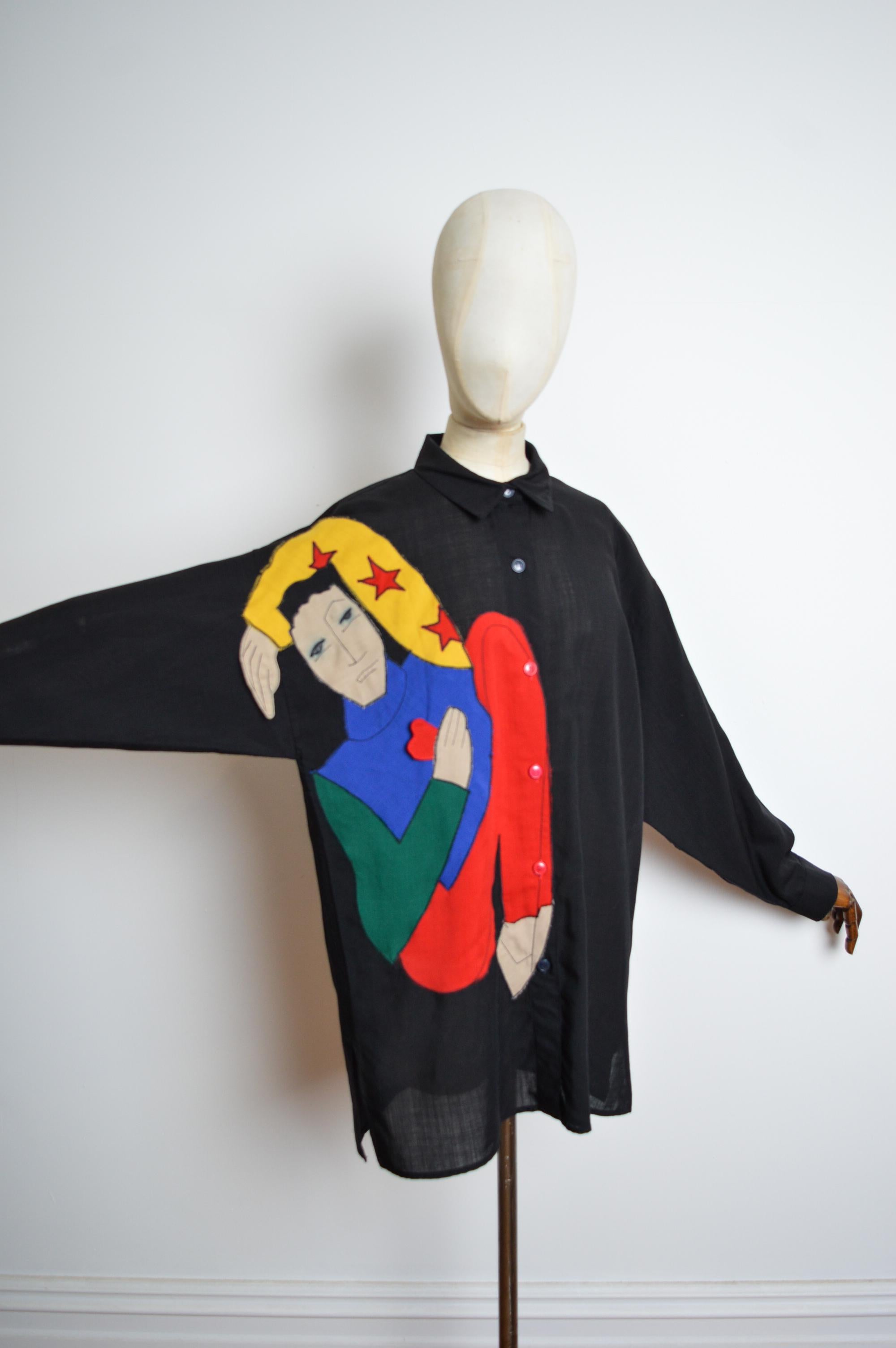 Archival JEAN CHARLES DE CASTELBAJAC Ko & Co Handmade Appliqué Black linen Shirt For Sale 4