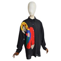 Camicia d'archivio Jean-Charles de Castelbajac KO & Co in lino nero con applicazioni fatte a mano