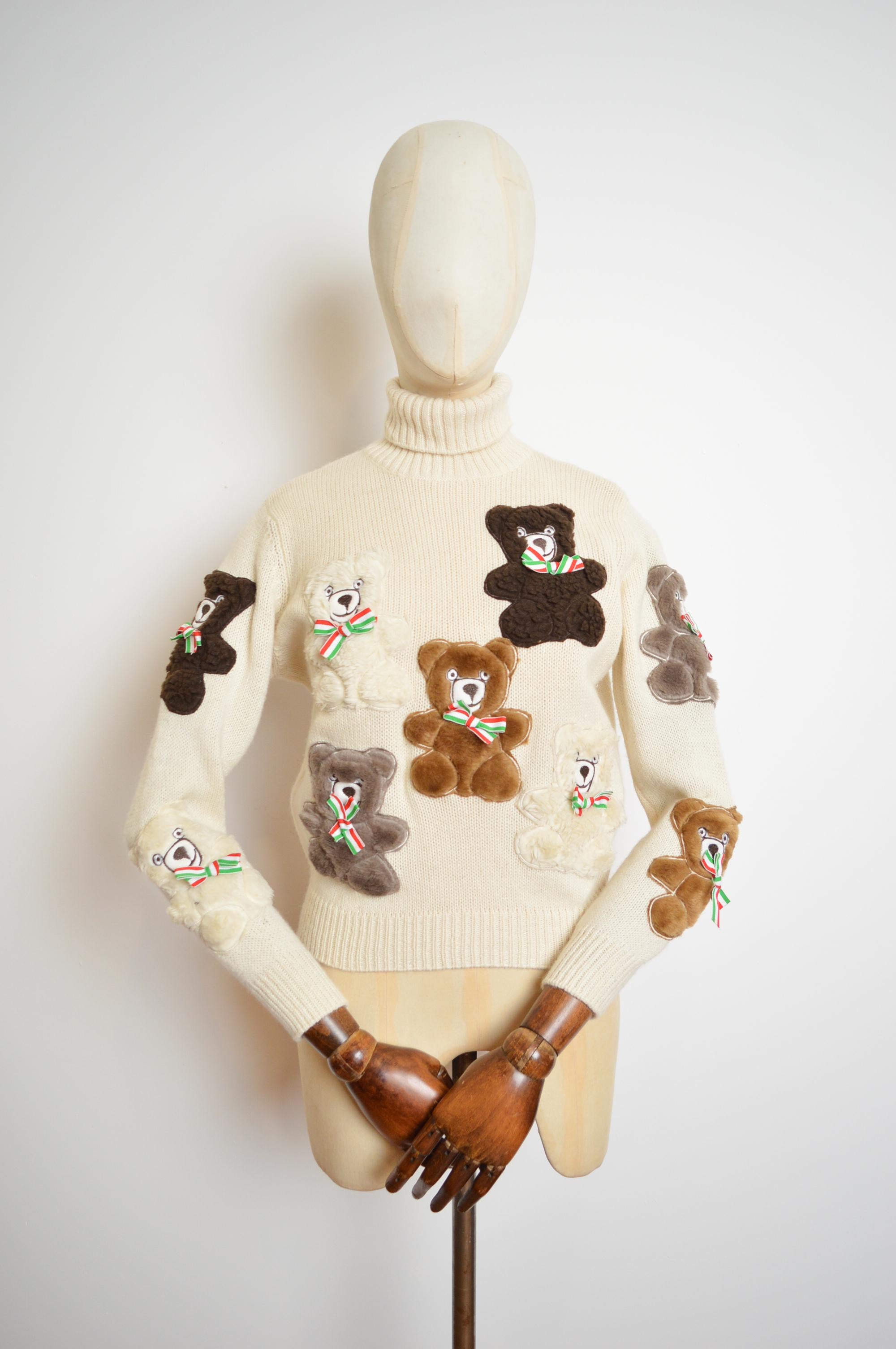Archival Moschino Couture 90s Runway Teddy Bear Knit Fun Vintage Novelty Sweater For Sale 2