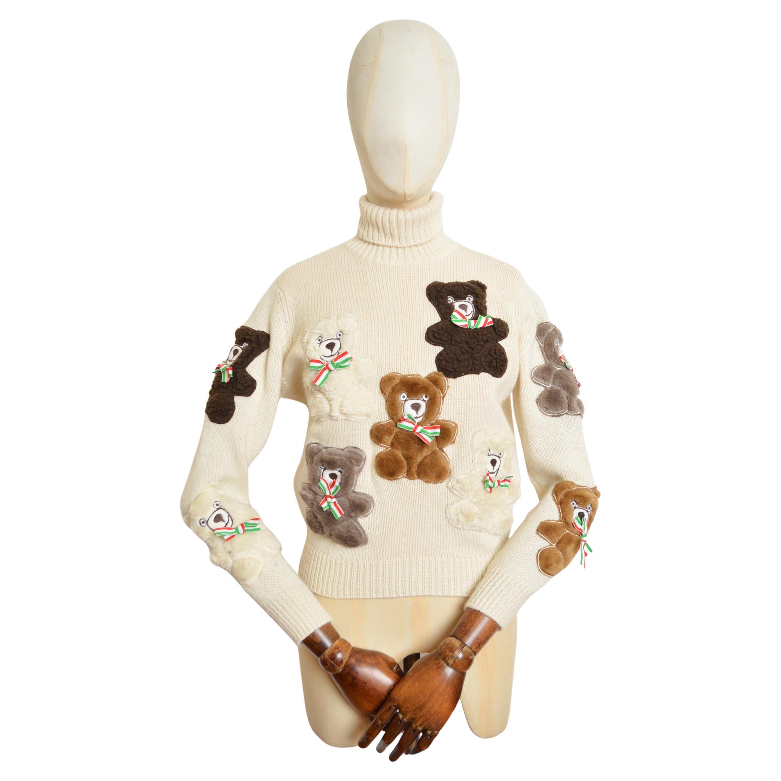 Archival Moschino Couture 90s Runway Teddy Bear Knit Fun Vintage Novelty Sweater For Sale