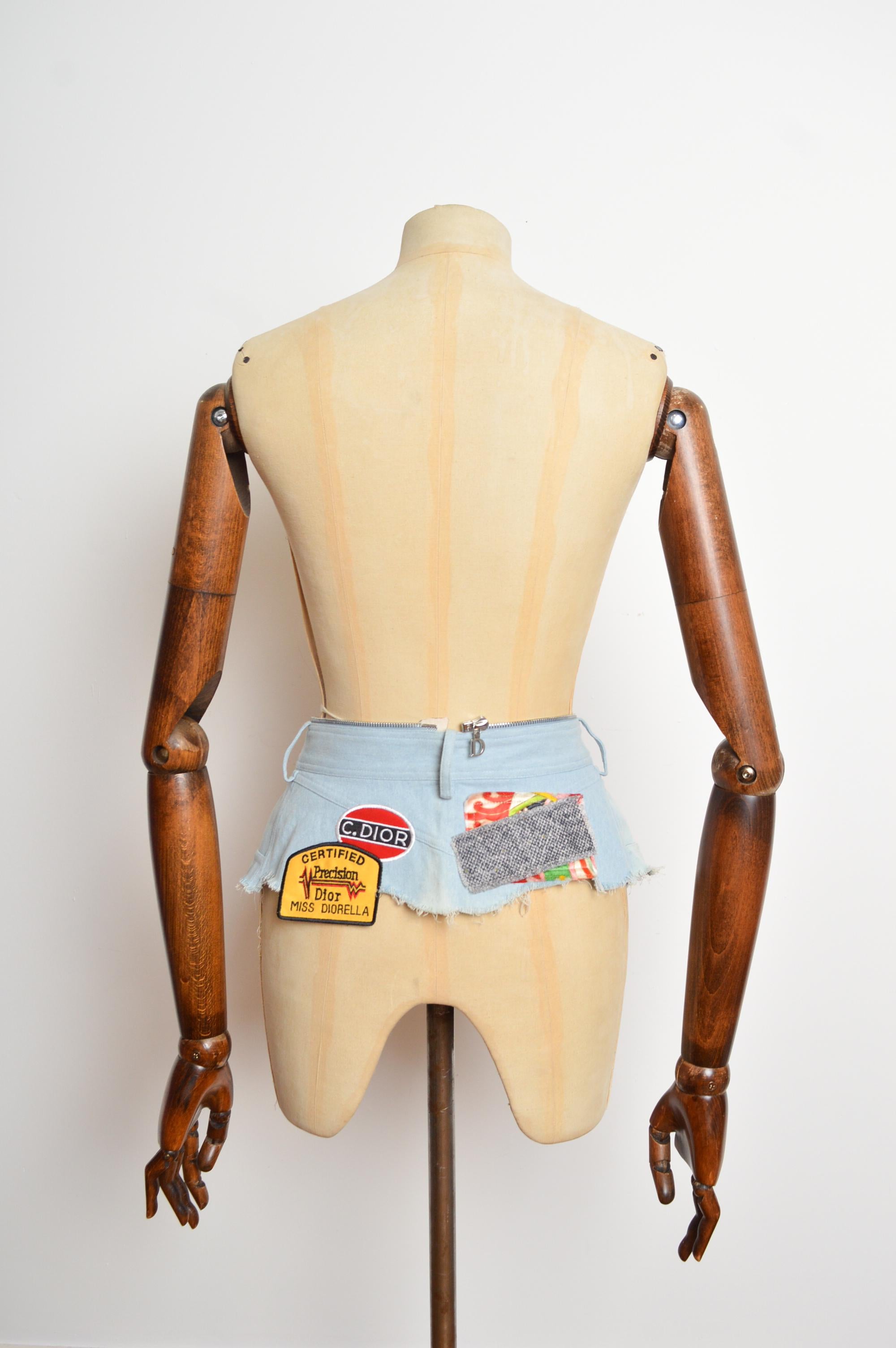 Archival S/S 2001 Christian Dior by John Galliano Micro Denim Skirt patches Belt For Sale 6