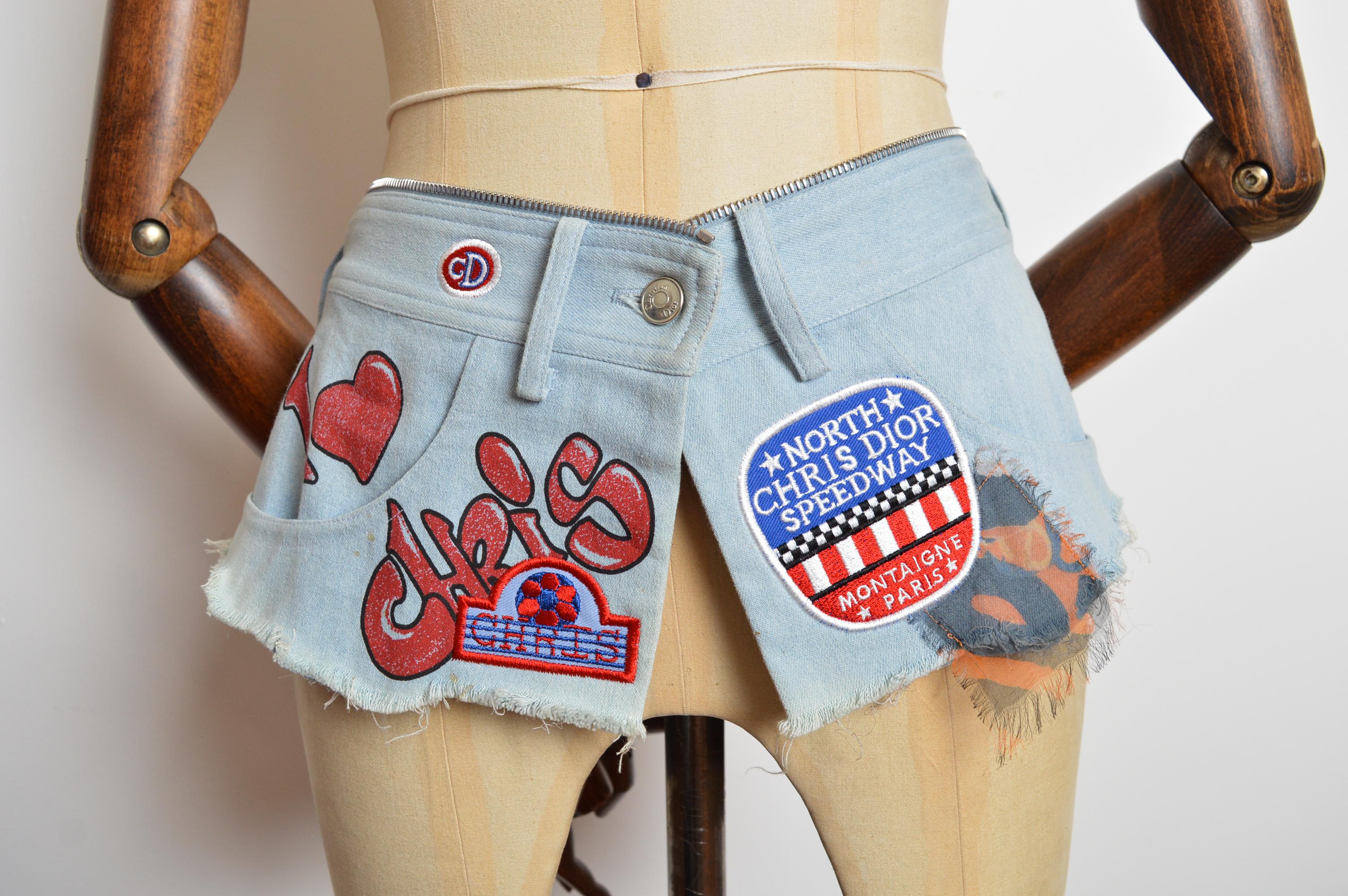Beige Archival S/S 2001 Christian Dior by John Galliano Micro Denim Skirt patches Belt For Sale