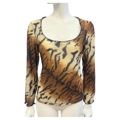 Archive Roberto Cavalli Tiger Print Stretch Mesh Top Signature RC Charm 2000’s