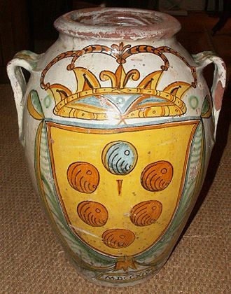 Italian Majolica Olive Oil Storage Jar in the Renaissance Manner. The front painted with a crown and shield coat of arms.